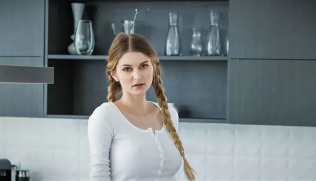 Bunny Colby in a white top in a kitchen
